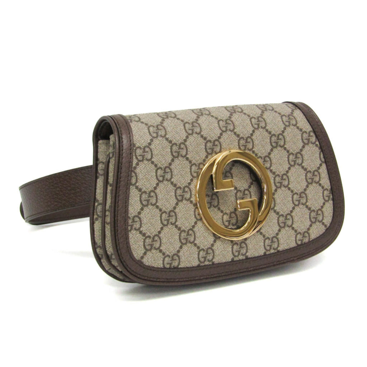 Designer belt bag with gold logo on a white background