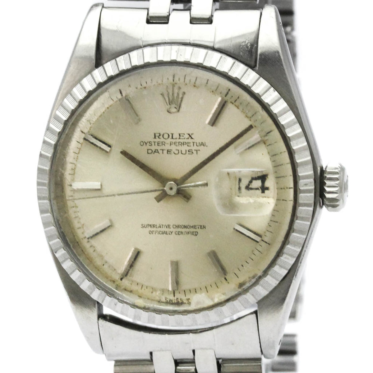 Silver Rolex watch with a beige dial on a white background