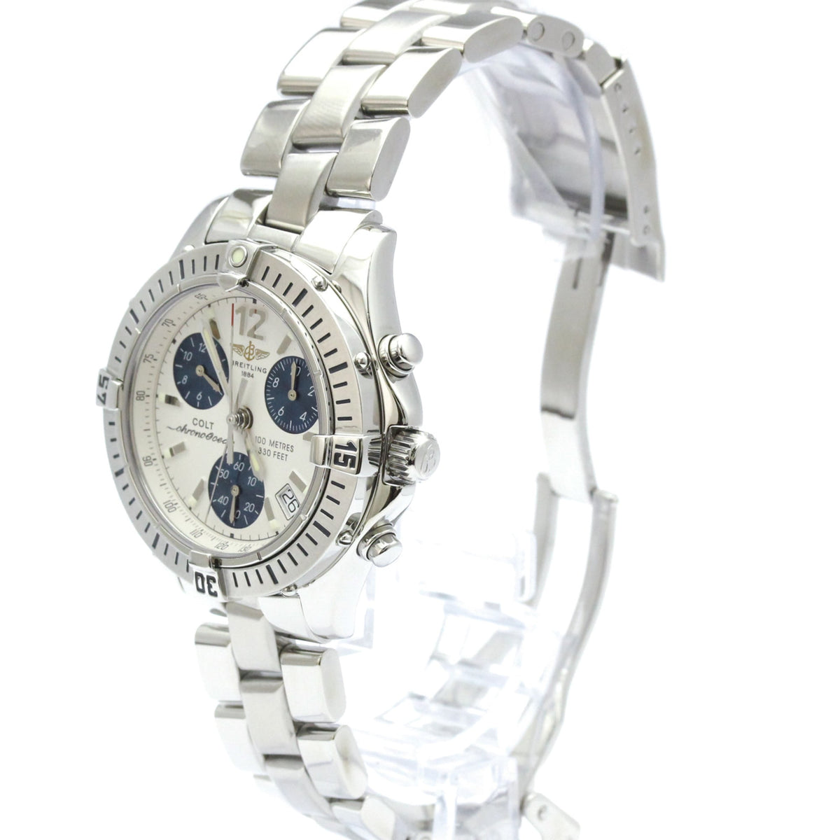 A stainless steel wristwatch with a silver-tone metal link bracelet, featuring a white dial with three blue subdials and a rotating bezel, displayed on a clear stand against a white background.