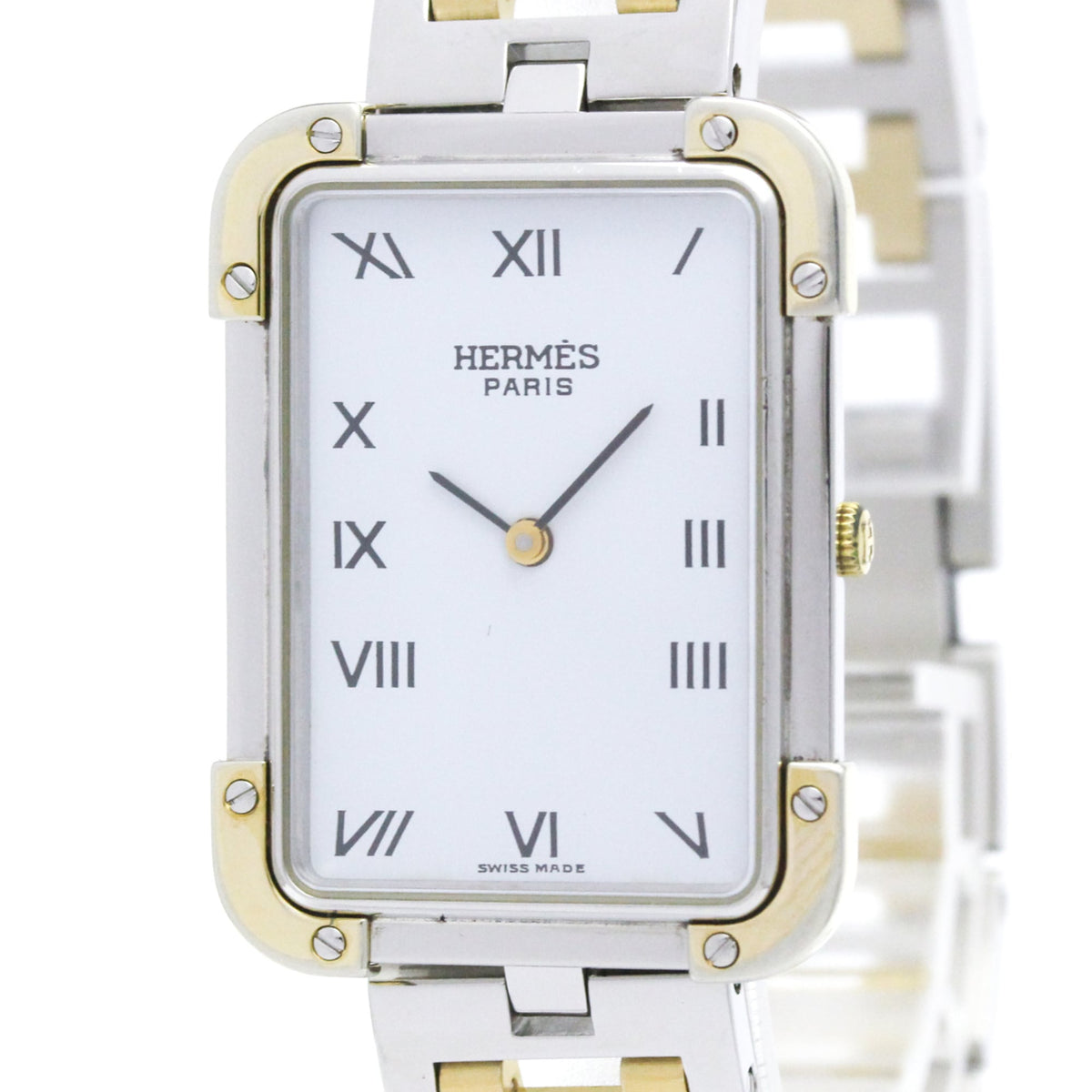 Hermes Paris two-tone stainless steel and gold watch with a white dial and Roman numeral markers.