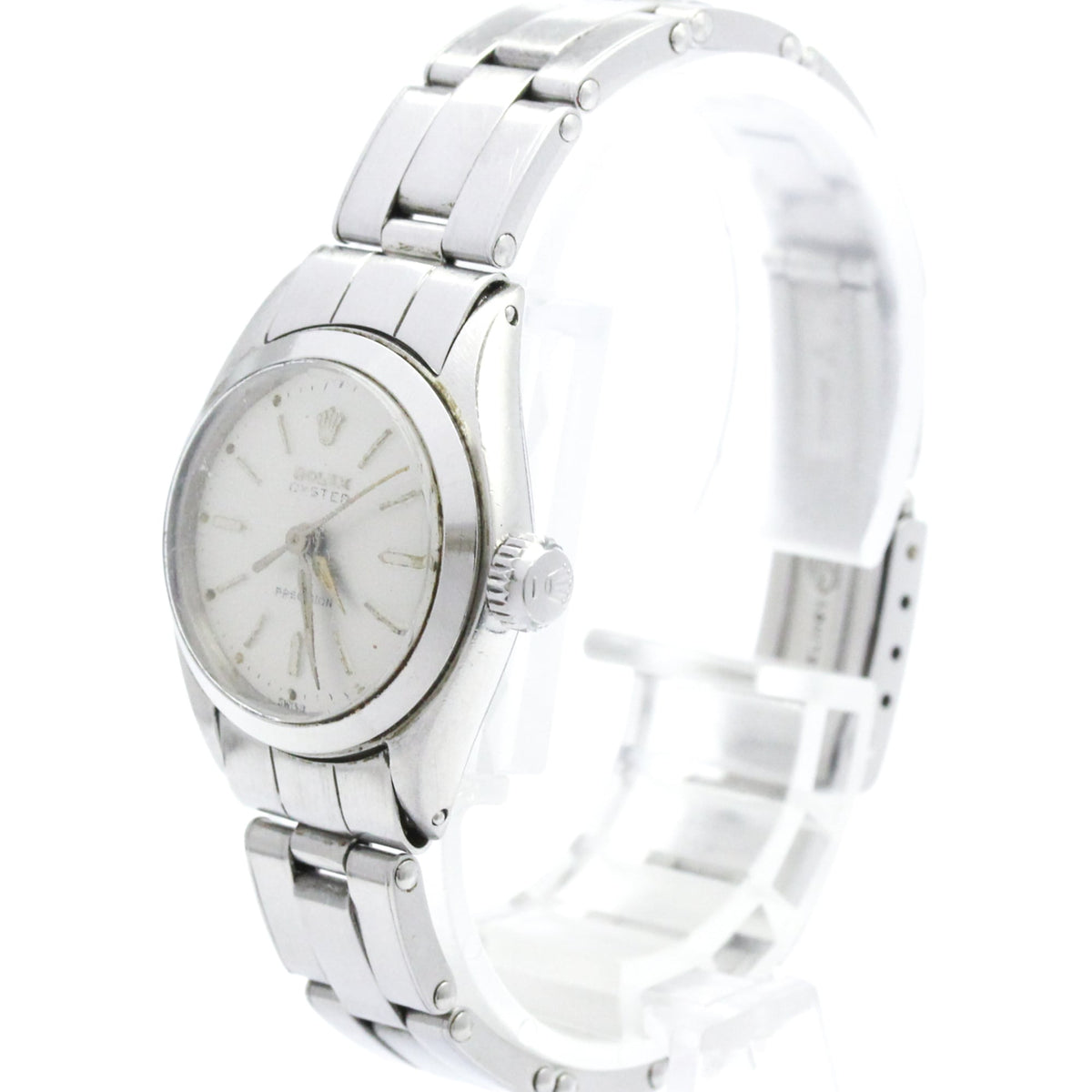 Silver wristwatch with a white face on a white background