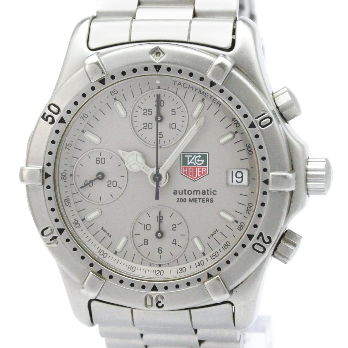 TAG Heuer automatic chronograph watch with a silver stainless steel case and link bracelet, featuring a light gray dial with three subdials and a date window.