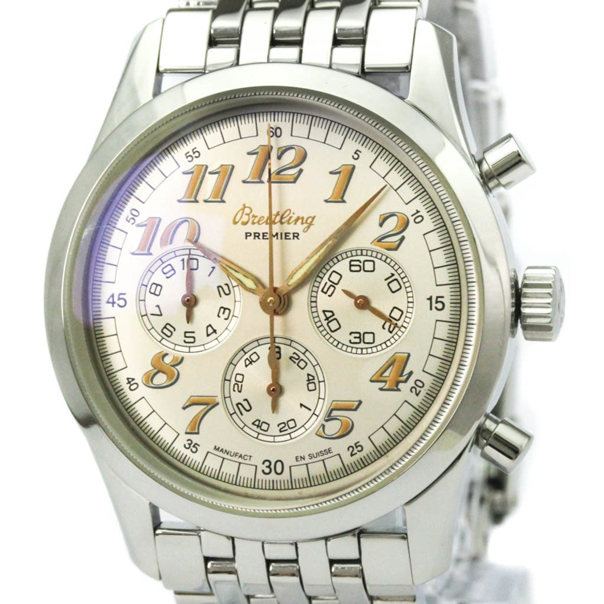 Silver Breitling watch with a detailed face on a white background