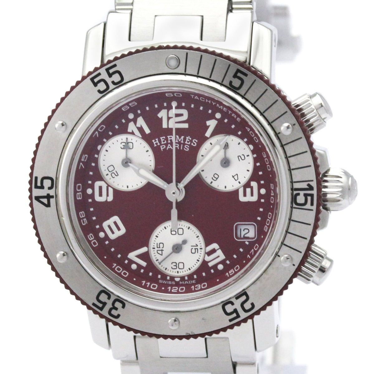 Hermes Paris stainless steel chronograph watch with a deep burgundy dial, silver-tone bezel, and white sub-dials.