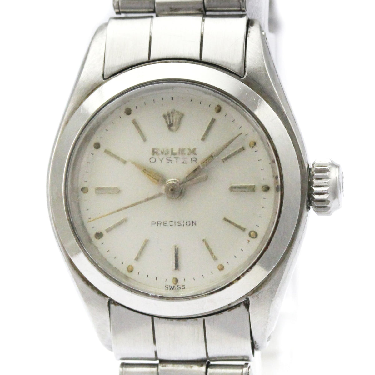 Silver Rolex watch with a white face on a white background