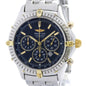 A Breitling Chrono Daytona Automatic watch with a silver stainless steel bracelet, a dark blue dial, and gold-tone accents, shown on a white background.