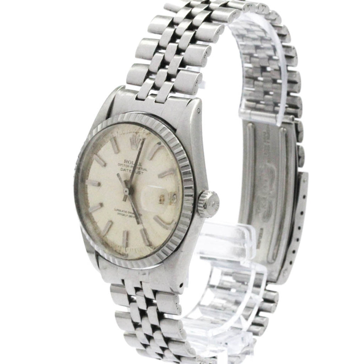 Silver wristwatch with a white face on a white background