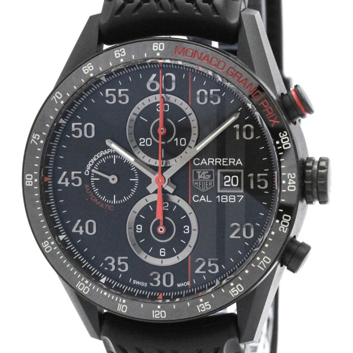 Carrera watch with black strap and detailed face on a white background