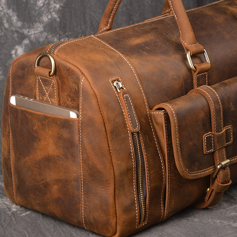 Full Grain Crazy Horse Leather Duffle Bag,  Vintage Handmade Weekender Travel Luggage