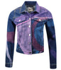 Denim jacket with purple and blue gradient design on a white background