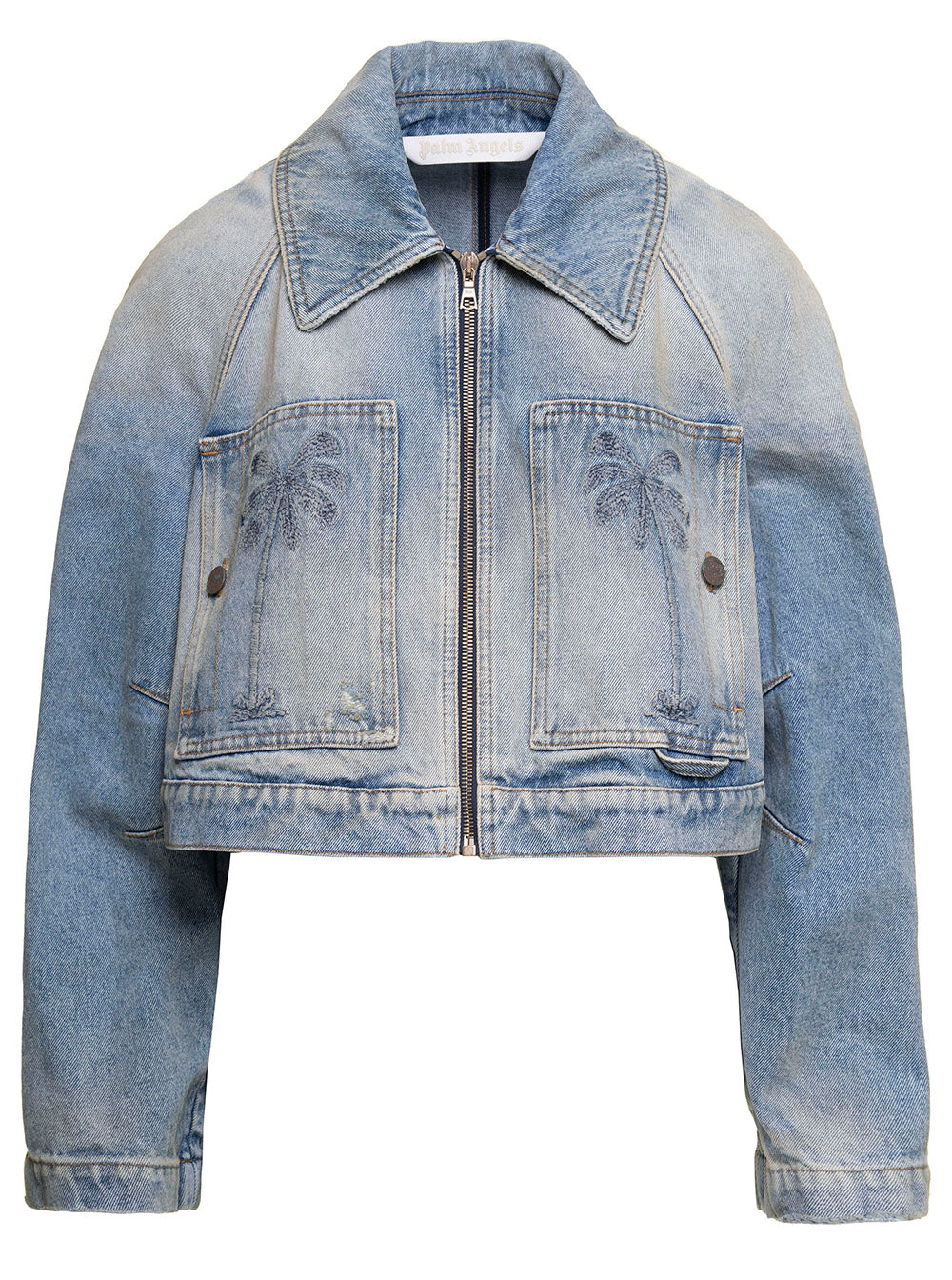 Light blue denim jacket with palm tree designs on a white background