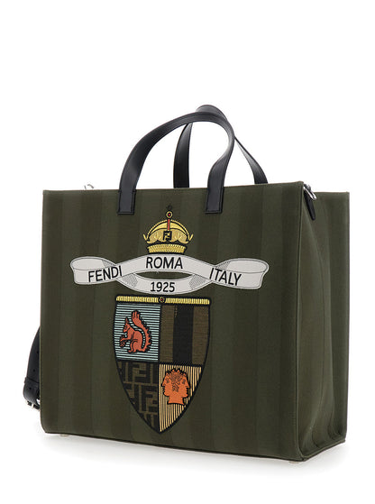 Fendi Men Green Shopper With Vertical Stripes Motif And Fendi Club Patch On The Front In Canvas Man