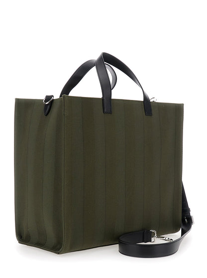 Fendi Men Green Shopper With Vertical Stripes Motif And Fendi Club Patch On The Front In Canvas Man