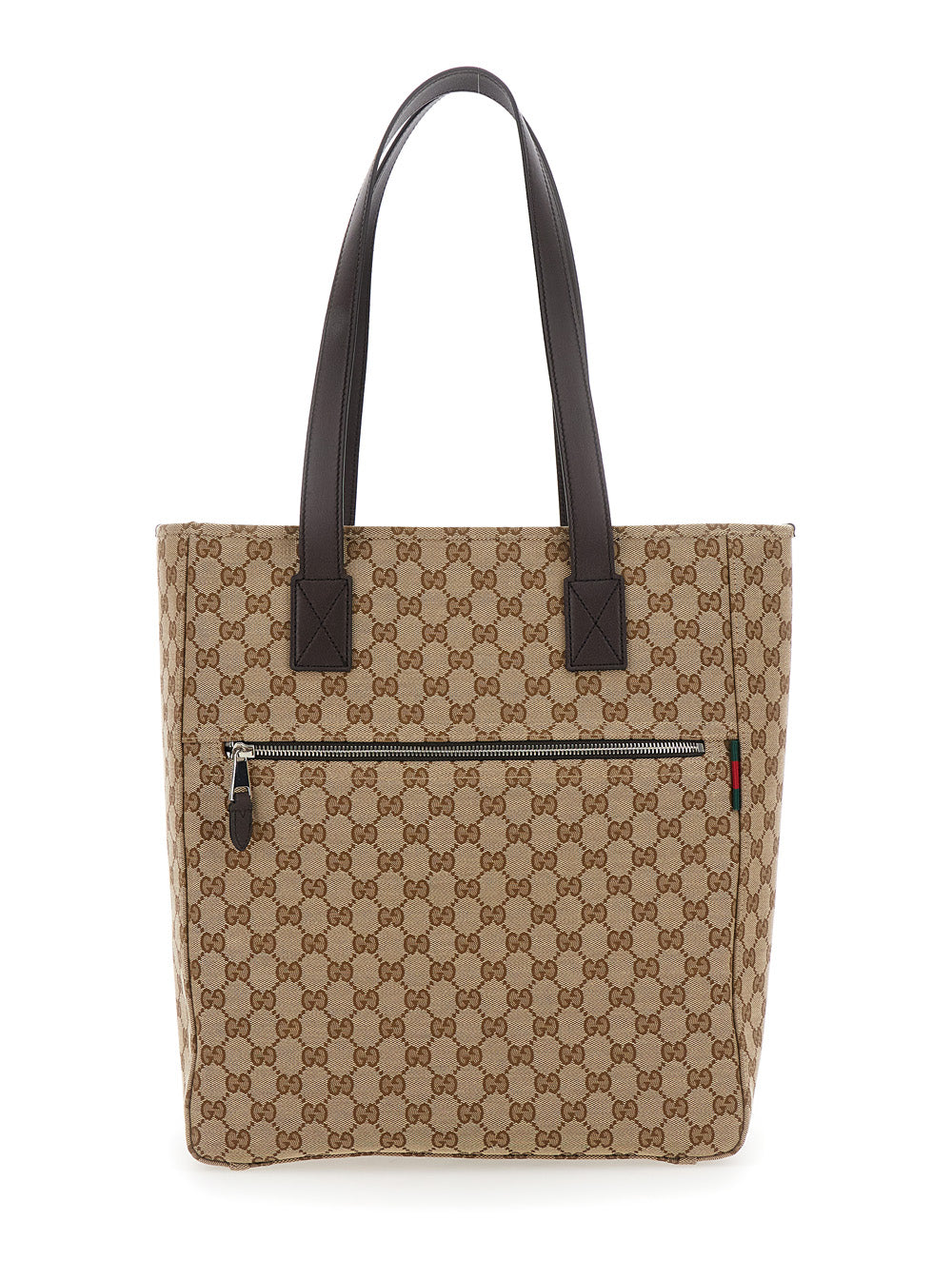 Beige tote bag with brown pattern and black handles on a white background