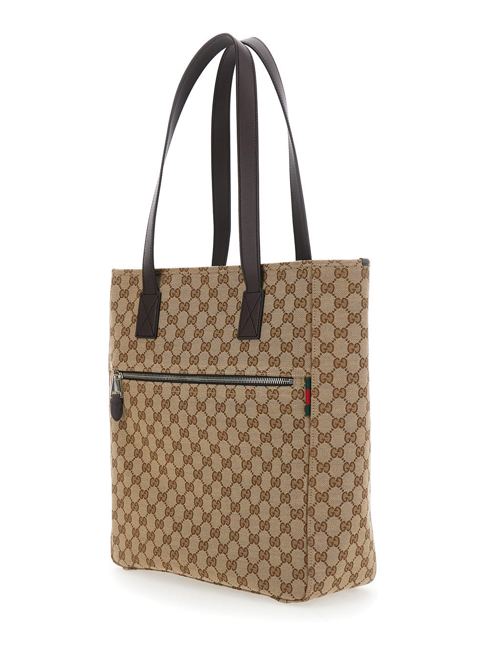 Beige patterned tote bag with black straps on a white background
