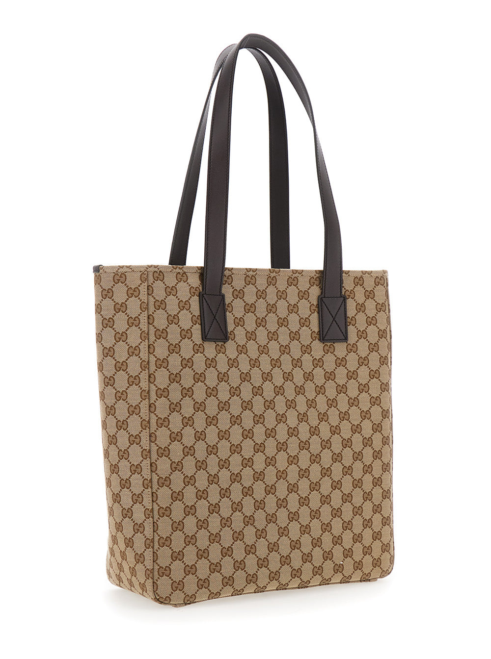 Beige tote bag with brown pattern and black handles on a white background