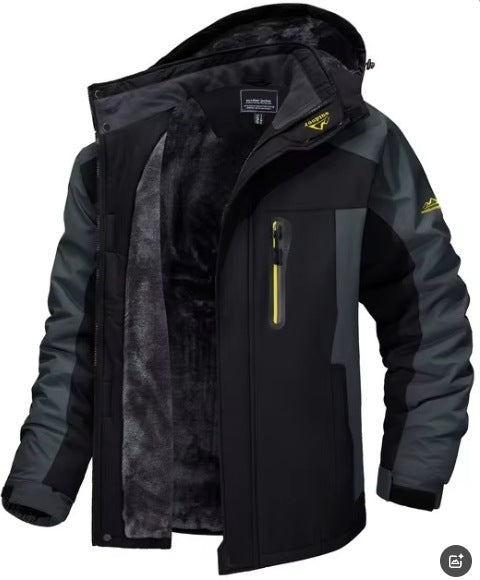 Black and gray jacket with yellow zipper on a white background