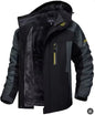 Black and gray jacket with yellow zipper on a white background