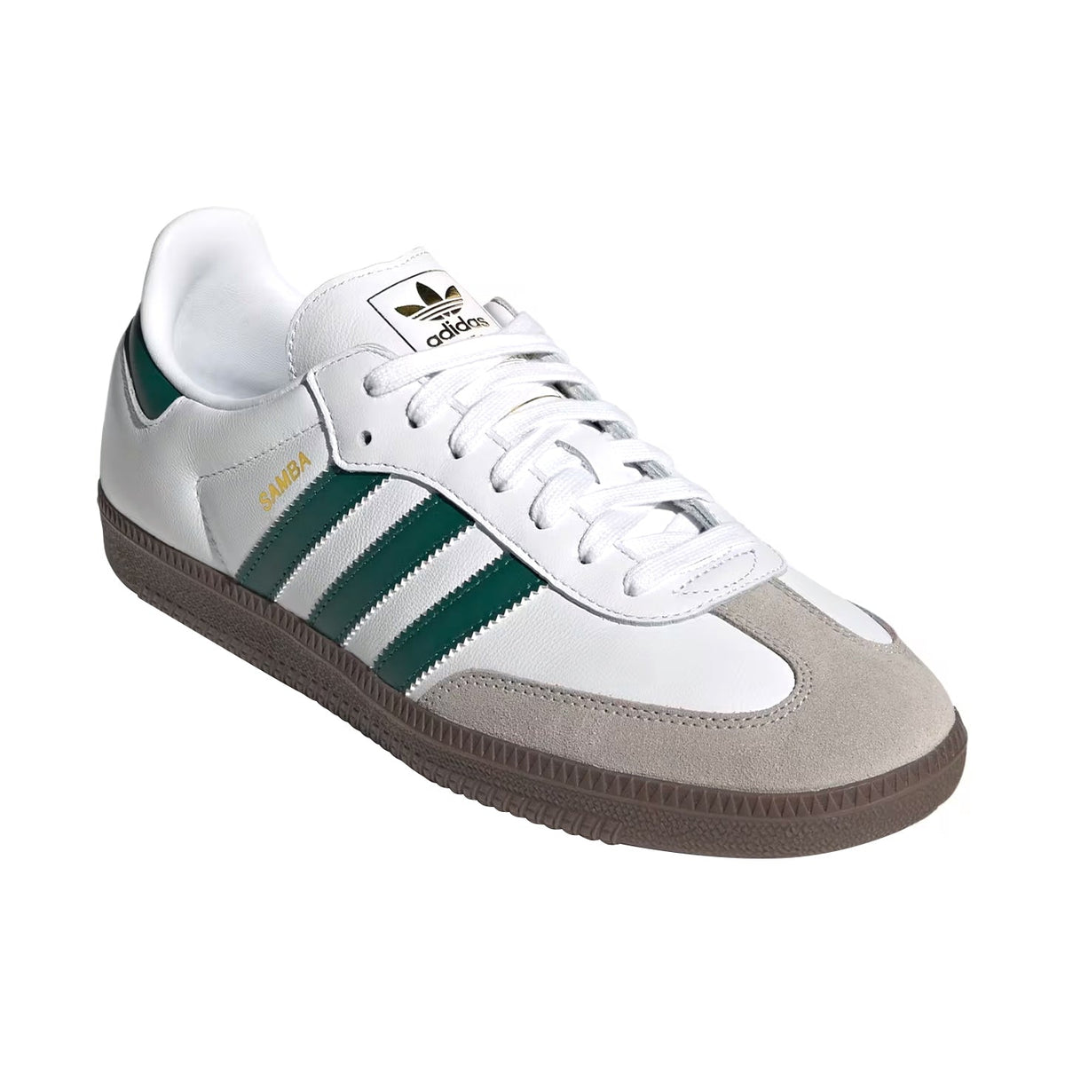A white Adidas Samba sneaker with dark green three stripes, a gray suede toe cap, and a brown rubber sole, shown on a plain white background.
