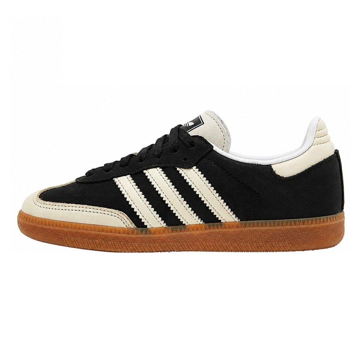 A classic Adidas Samba sneaker in black suede with cream leather overlays, signature three stripes, and a brown gum sole, shown in a side profile on a white background.
