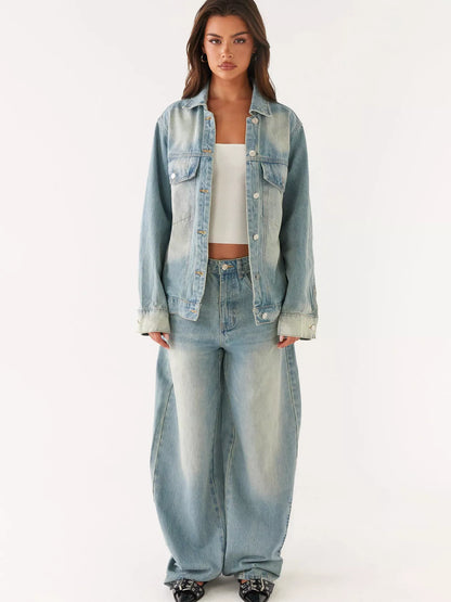 Button Up Denim Jacket and Jeans Set