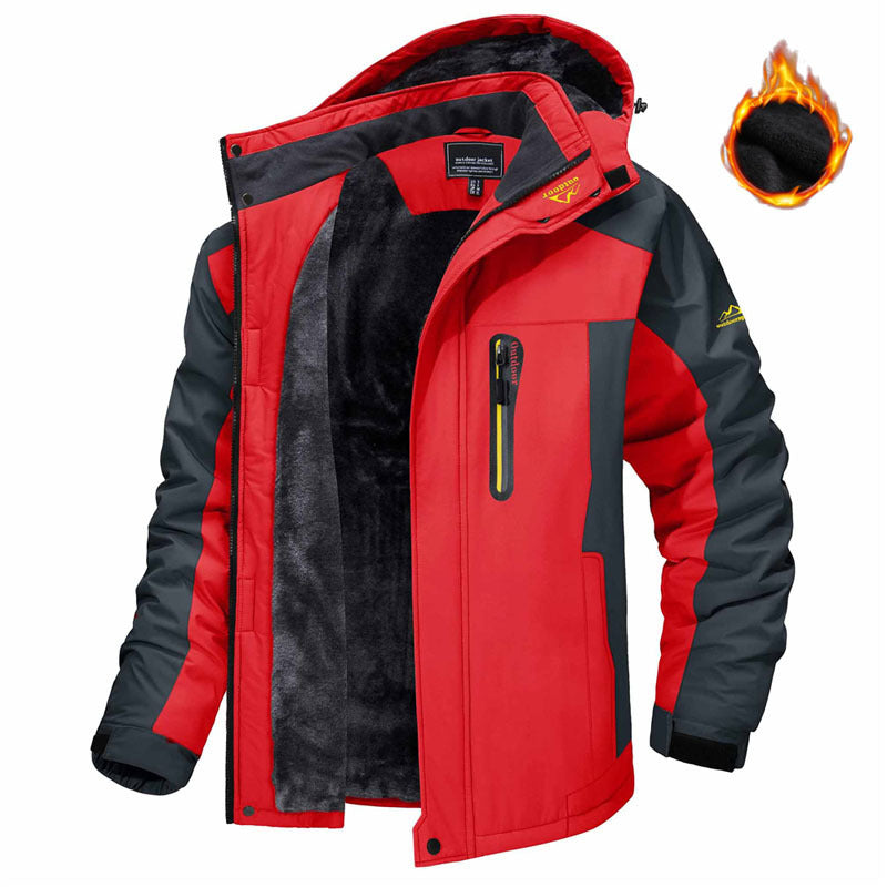 Red and black winter jacket with flame graphic on a white background