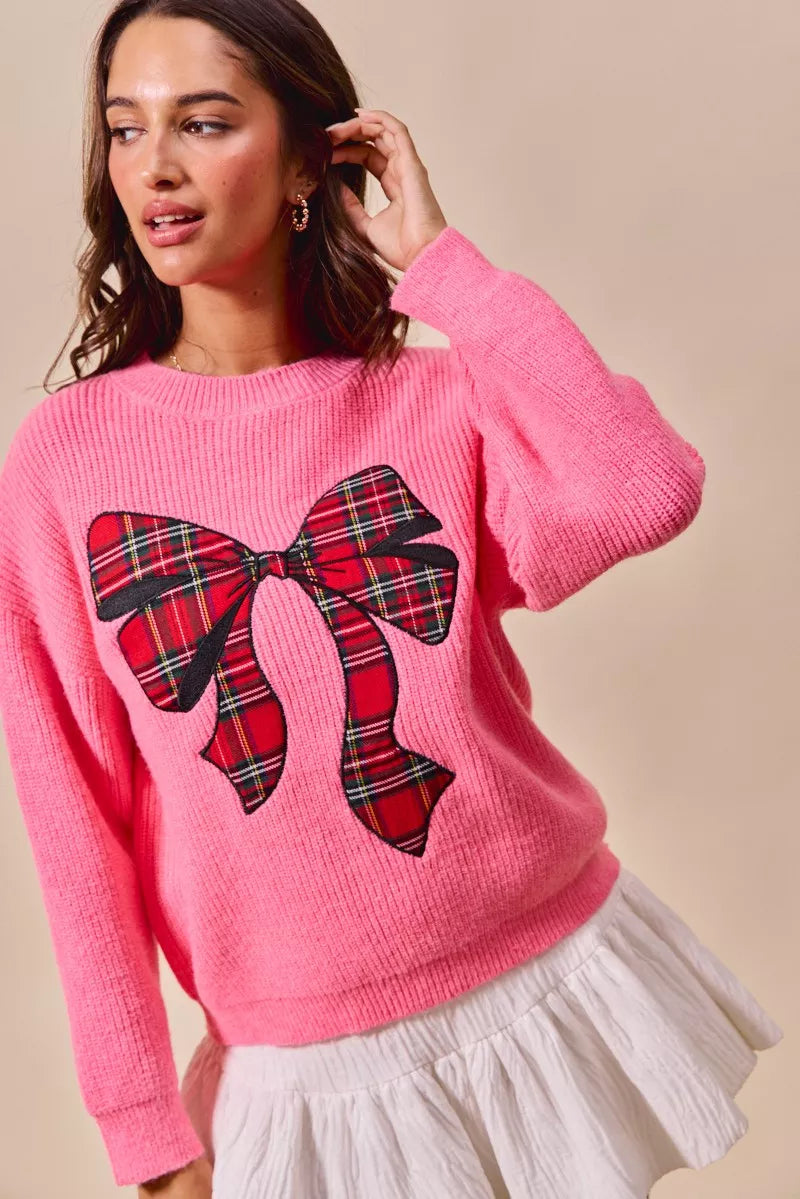 SO ME Checker Plaid Ribbon Christmas Holiday Sweater