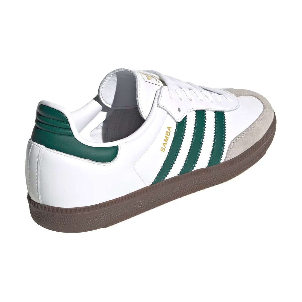 A white Samba sneaker with three green stripes, a green heel tab, and a brown gum sole, shown from a side-rear angle on a white background.