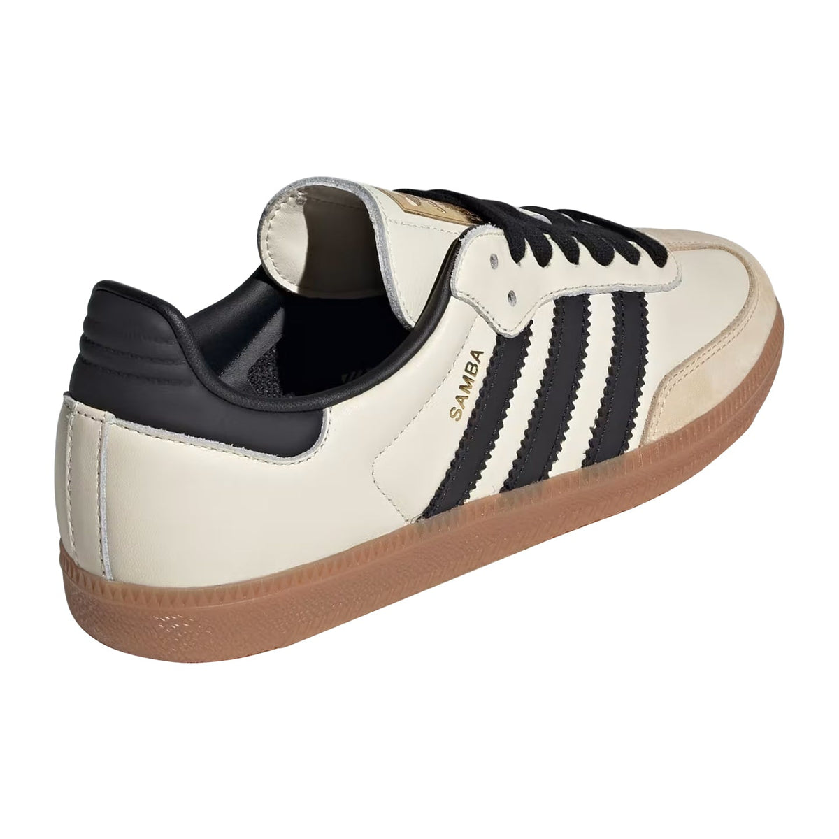 A classic Adidas Samba sneaker shown from a three-quarters rear angle. The shoe features an off-white leather upper with black three-stripes, a black heel tab, black laces, and a brown gum sole.