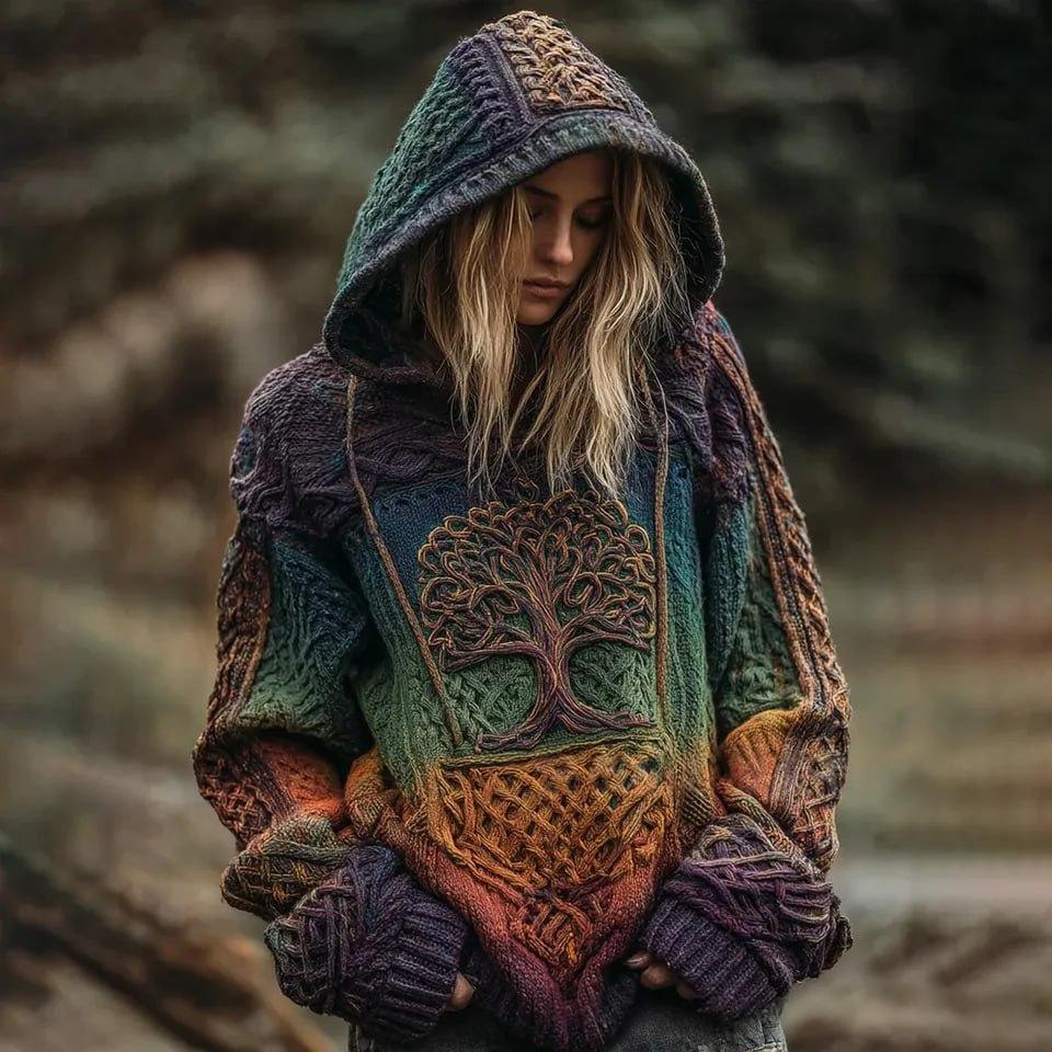 A woman wearing a chunky, multicolored knitted hooded sweater with a large tree design on the front, set against a blurred outdoor background.