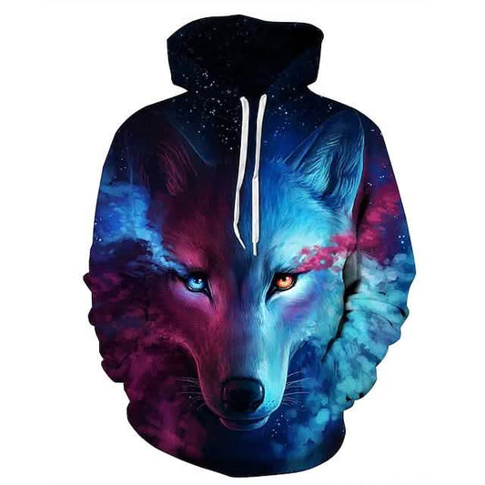 A pullover hoodie featuring a vibrant, all-over print of a wolf's face blended with a cosmic galaxy pattern in shades of blue, purple, pink, and black, complete with white drawstrings.