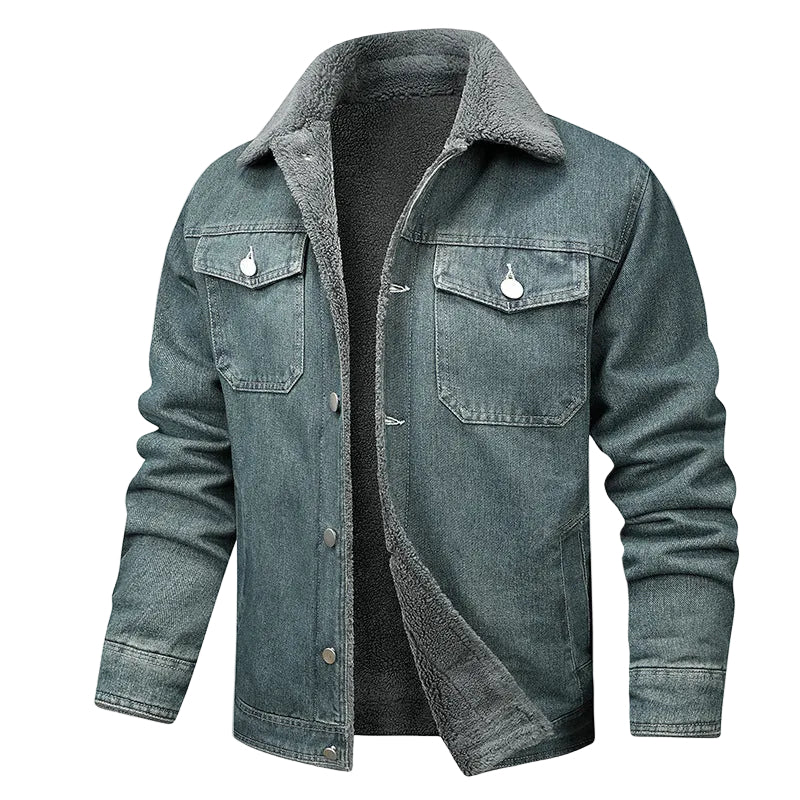Denim jacket with fleece lining on a white background