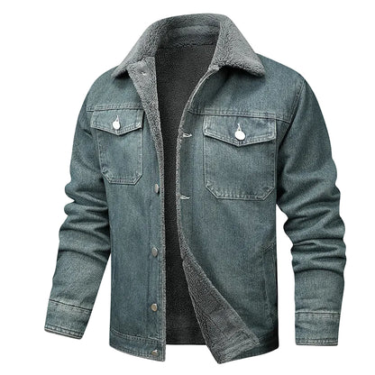 Denim jacket with fleece lining on a white background