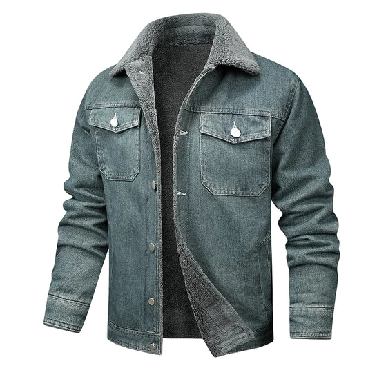 Denim jacket with fleece lining on a white background