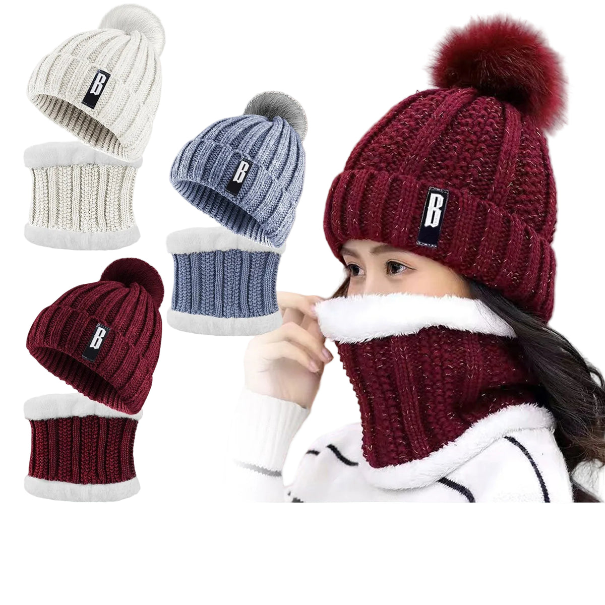 Knitted hat with pom-pom and scarf, shown on a person, with color options and product features displayed.