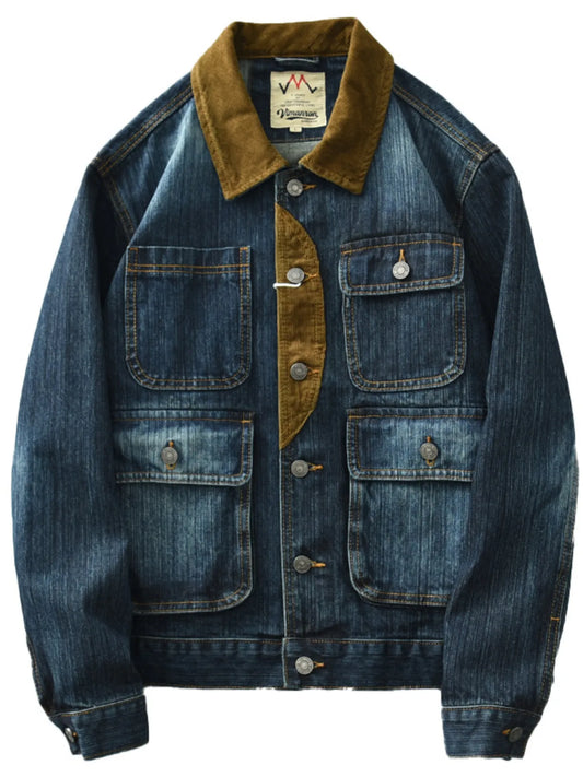 Men's Plus Size Vintage Corduroy Collar Denim Jacket