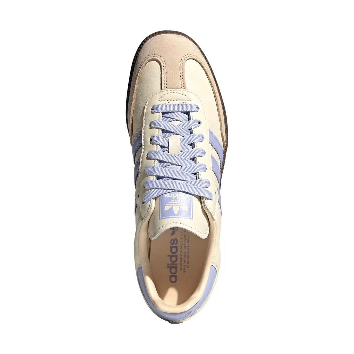 A single Adidas Samba sneaker shown from a top-down view against a solid white background. The shoe features a cream-colored leather upper with light blue accents, including the iconic three stripes, laces, and heel tab.
