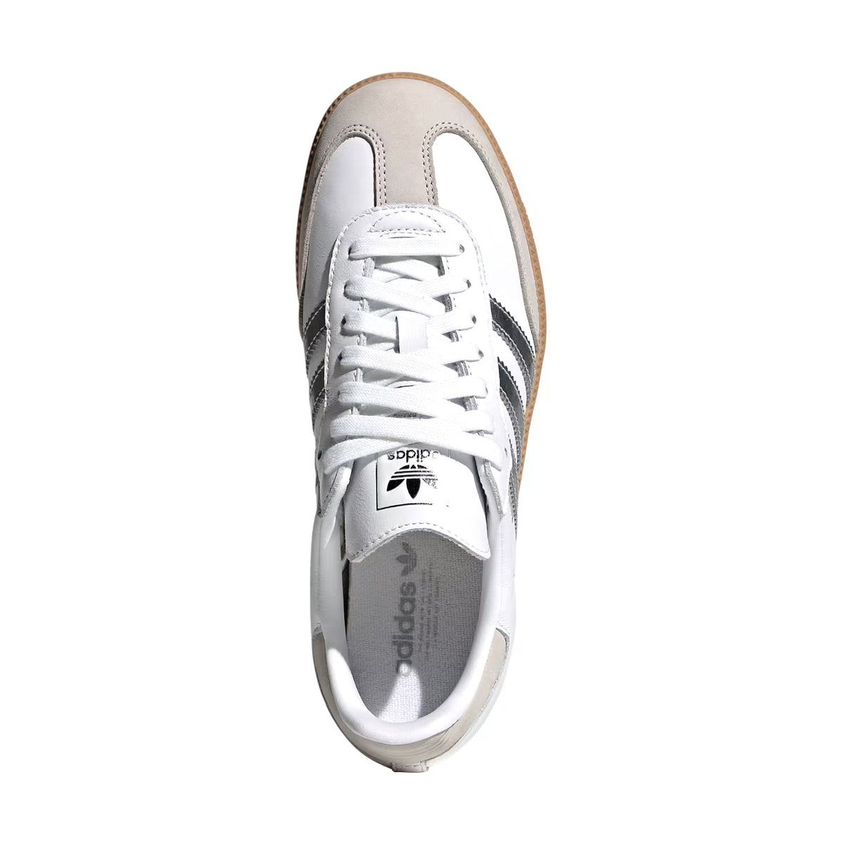 A single Adidas Samba sneaker shown from a top-down view on a solid white background. The shoe features a white leather upper, a beige suede toe cap, dark gray three stripes, a white laces, and a brown gum sole.
