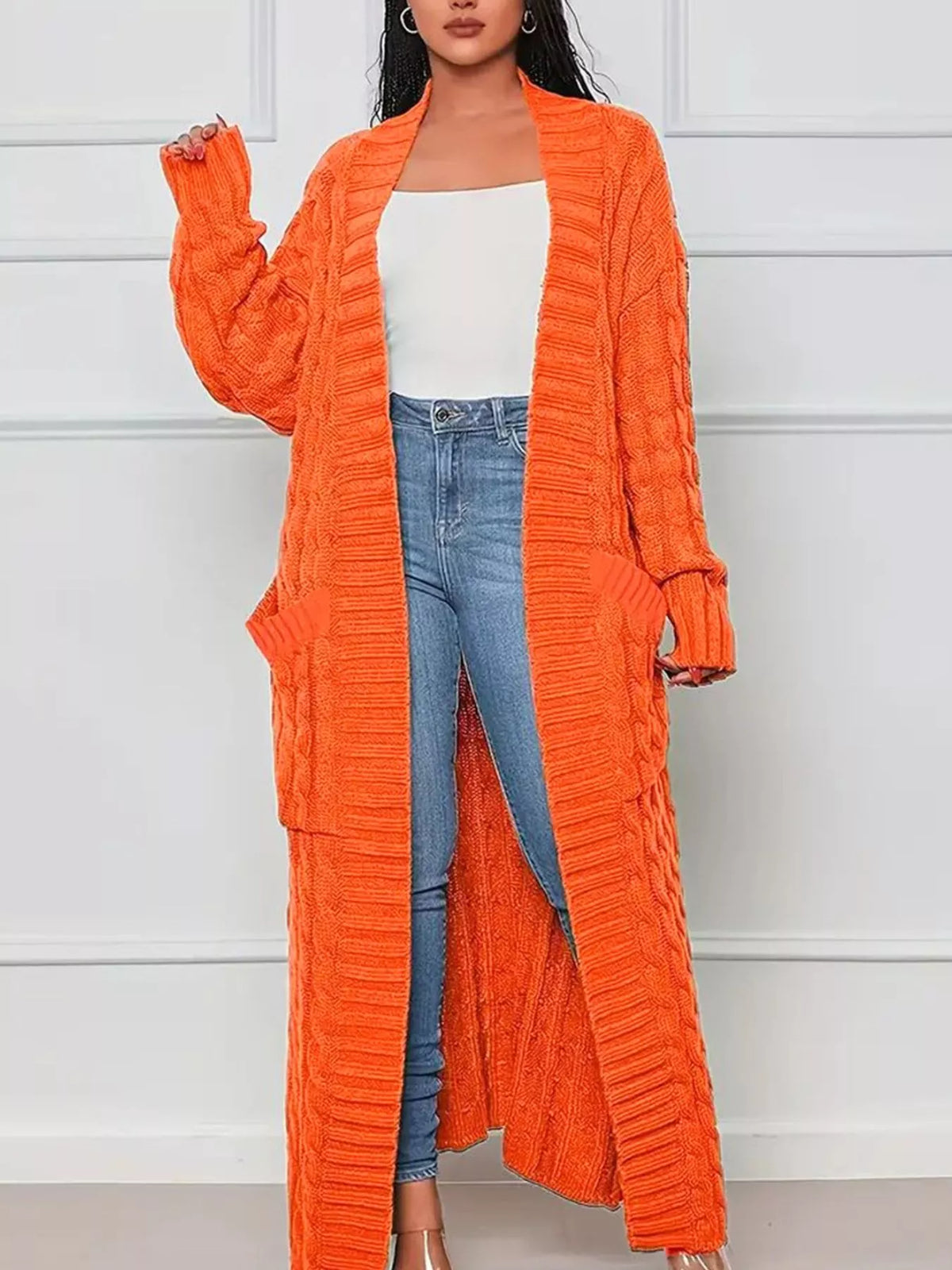 Cable Knit Longline Sweater Cardigan with Pockets