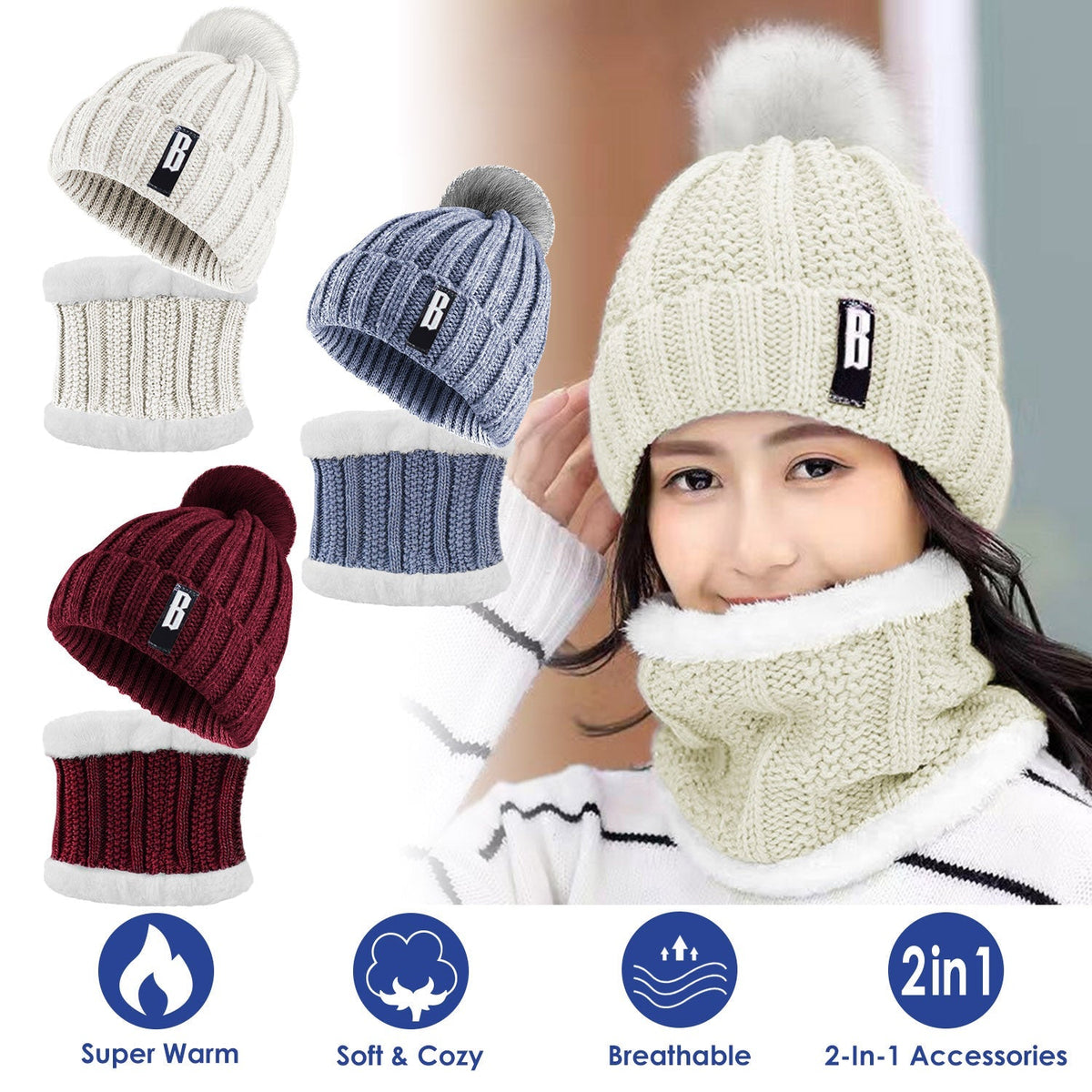 A woman models a cream knit beanie with a large pom-pom and matching cream neck warmer, shown against a light gray background with three smaller color variants and four feature icons reading Super Warm, Soft & Cozy, Breathable, and 2-in-1 Accessories.