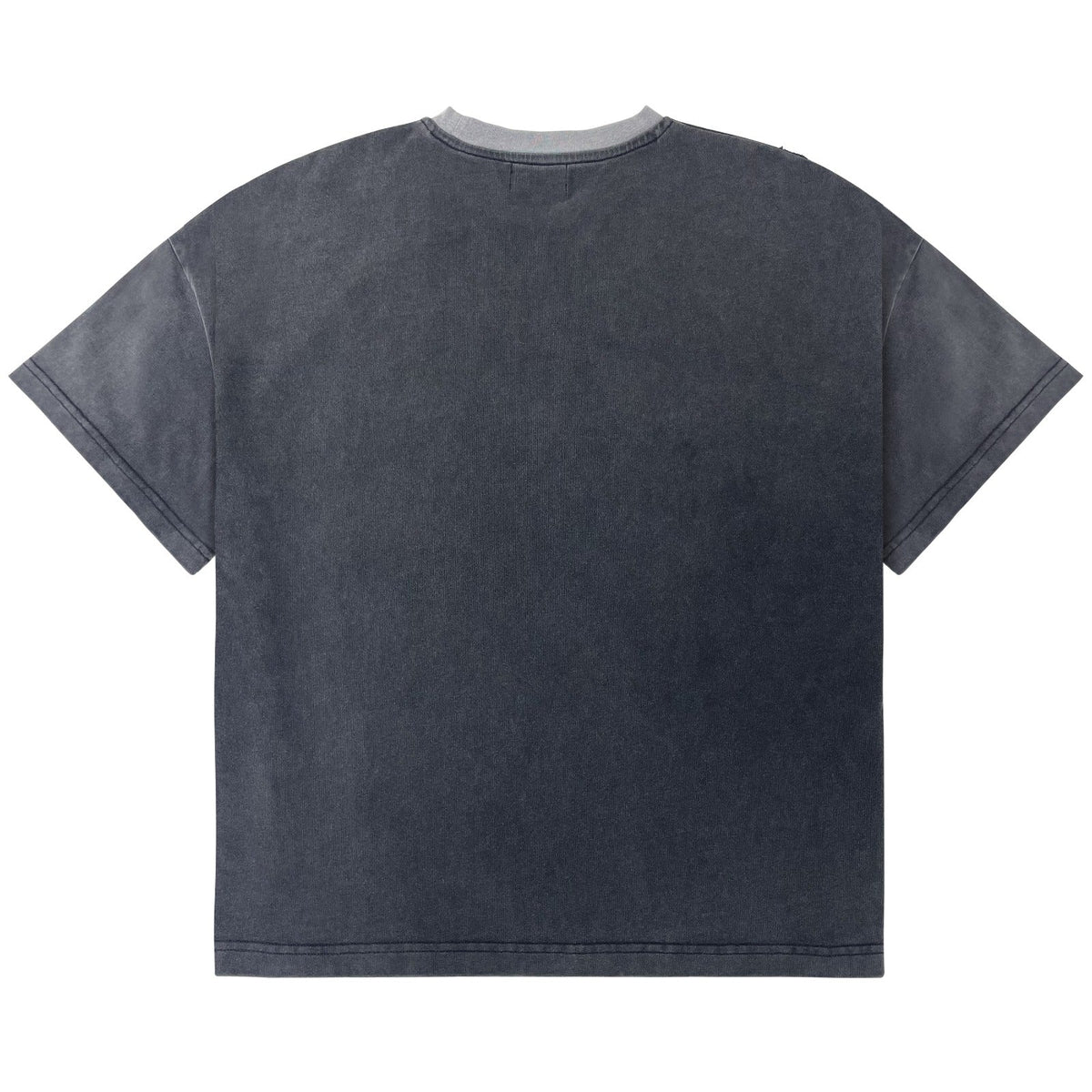 A dark gray washed short-sleeve t-shirt shown from the back, laid flat against a solid white background.
