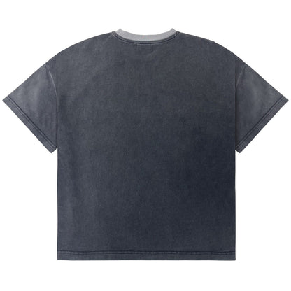 A dark gray washed short-sleeve t-shirt shown from the back, laid flat against a solid white background.