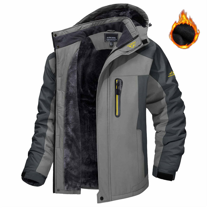 Gray winter jacket with flame icon on a white background