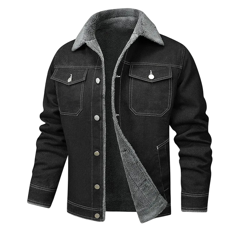 Black denim jacket with gray fleece lining, featuring a 'WARM' label with flames.