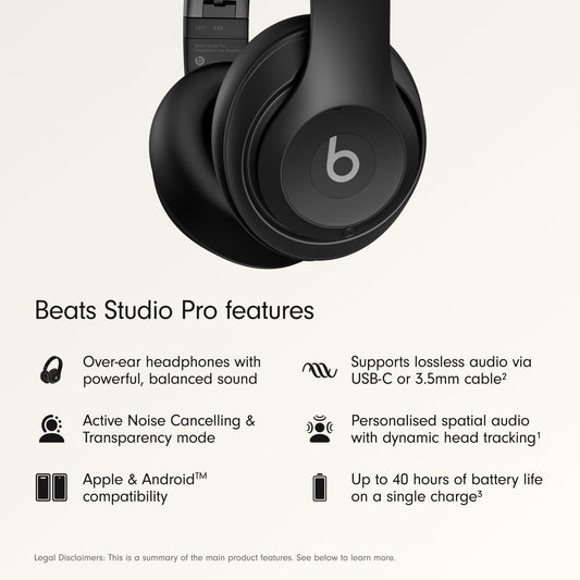 Beats Studio Pro Premium Wireless Over-Ear Headphones- Up to 40-Hour Battery Life, Active Noise Cancelling, Great for Travel & Commuting, USB-C Lossless Audio, Apple & Android Compatible -Black (Refurbished)