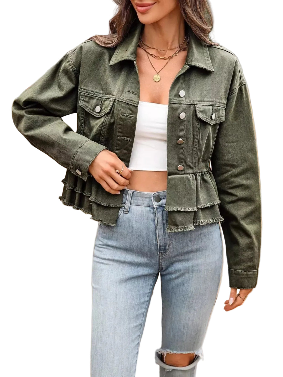 A woman wearing an olive green cropped denim jacket with a ruffled hem, styled over a white tube top and light blue jeans.
