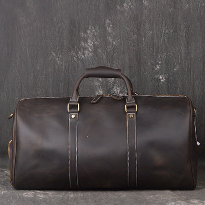 Full Grain Leather Duffle Bag with Shoe Compartment, Vintage Men's Weekender Travel Bag