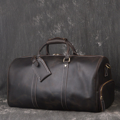 Full Grain Leather Duffle Bag with Shoe Compartment, Vintage Men's Weekender Travel Bag