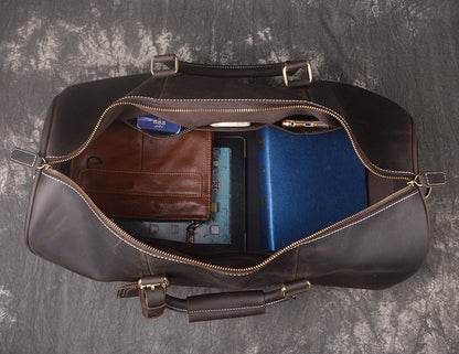 Full Grain Leather Duffle Bag with Shoe Compartment, Vintage Men's Weekender Travel Bag