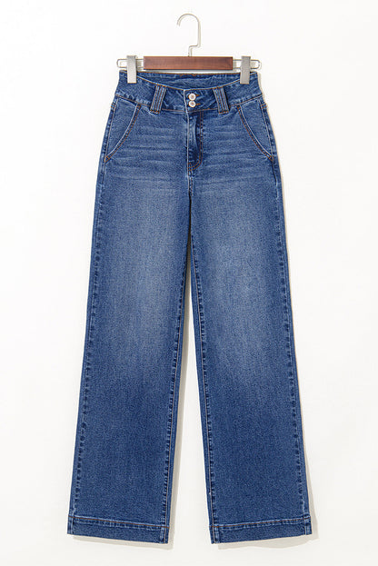 Denim Double Button Straight Leg Jeans